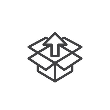 Yukarı ok çizgi simgesi ile kutusunda, vektör işareti, anahat üzerinde beyaz izole doğrusal stil piktogram. Açmak, unboxing sembolü, logo illüstrasyon paket