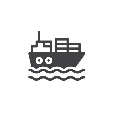 Lojistik ve taşımacılık uluslararası konteyner kargo gemisi simge vektör, dolu düz işareti, üzerinde beyaz izole katı piktogram. Sembol, logo illüstrasyon