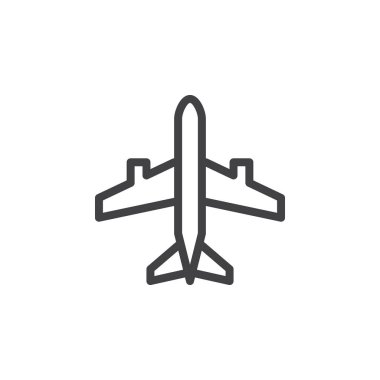 Uçak, uçak satırı simgesi, Anahat vektör işareti üzerinde beyaz izole doğrusal stil piktogram. Hava sembolü ile logo illüstrasyon gemi