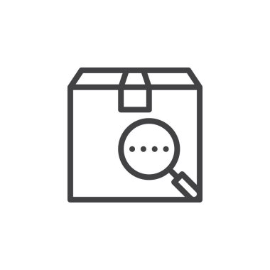 Paketi büyüteç cam satırı simgesi ile vektör işareti, anahat üzerinde beyaz izole doğrusal stil piktogram. İzleme numarası sembol, logo illüstrasyon