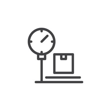 Platform ölçeği ile paket satırı simgesi, Anahat vektör işareti, üzerinde beyaz izole doğrusal stil piktogram. Tartı sembolü, logo illüstrasyon parsel