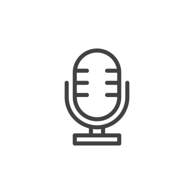 Eski, retro mikrofon satırı simgesi, Anahat vektör işareti üzerinde beyaz izole doğrusal stil piktogram. Sembol, logo illüstrasyon