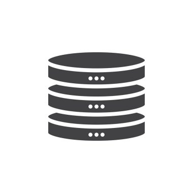 Veritabanı simge vektör, dolu düz işareti, üzerinde beyaz izole katı piktogram. Sunucusu simgesi, logo illüstrasyon. Piksel mükemmel