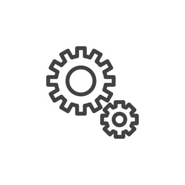 Dişli, Dişli satırı simgesi, Anahat vektör işareti üzerinde beyaz izole doğrusal stil piktogram. Yapılandırma ayarları simgesi, logo illüstrasyon. Piksel mükemmel