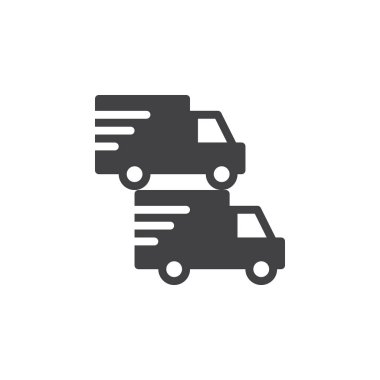 İki nakliye kamyonu simge vektör, düz işareti, üzerinde beyaz izole katı piktogram dolu. Teslimat sembolü, logo illüstrasyon. Piksel mükemmel