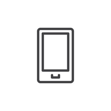 Hareket eden aygıt, smartphone satırı simgesi, Anahat vektör işareti üzerinde beyaz izole doğrusal stil piktogram. Gadget'ı sembolü, logo illüstrasyon. Piksel mükemmel