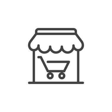 Mağaza, dükkan, Pazar satırı simgesi, Anahat vektör işareti üzerinde beyaz izole doğrusal stil piktogram. Sembol, logo illüstrasyon. Piksel mükemmel