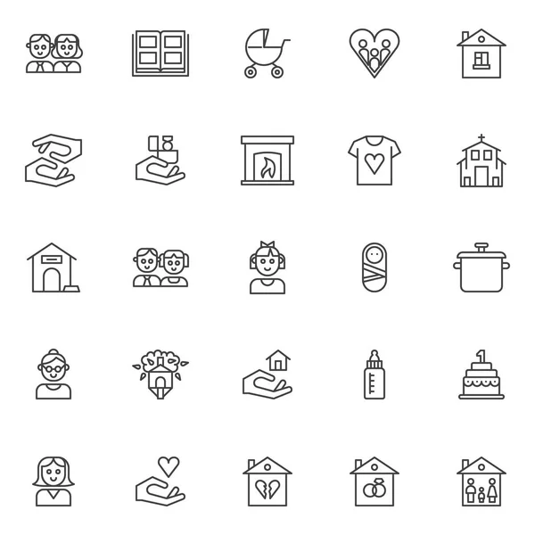 Conjunto Iconos Esquema Familiar Colección Símbolos Estilo Lineal Paquete Signos — Vector de stock