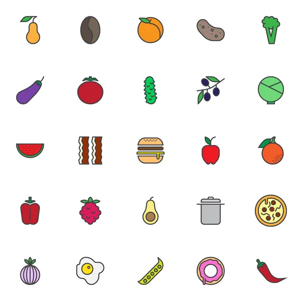 食品营养填充轮廓图标集 线向量符号集合 线性五颜六色的象形文字包 标志插图 设置包括梨水果 土豆蔬菜 花椰菜图标 — 图库矢量图片