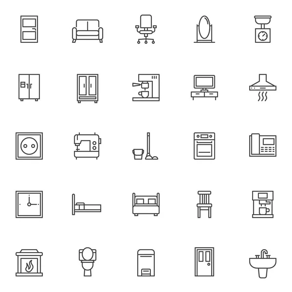 Набор Иконок Домашней Мебели Коллекция Символов Линейного Стиля Набор Знаков — стоковый вектор