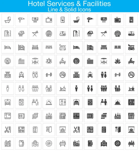Servicios Instalaciones Del Hotel Línea Iconos Sólidos Conjunto Contorno Llenado — Vector de stock