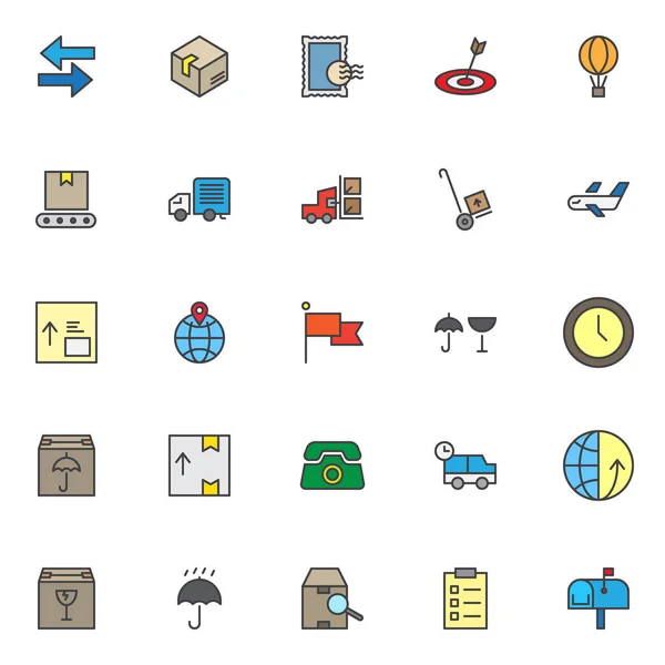 Conjunto Iconos Contorno Lleno Logística Colección Símbolos Vectores Línea Paquete — Vector de stock