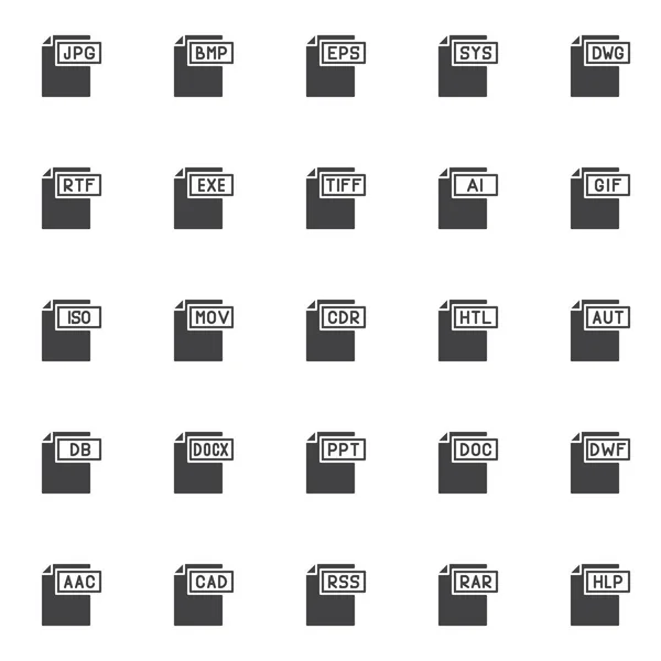 Computer file formats vector icons set, modern solid symbol collection, filled style pictogram pack. Signs, logo illustration. Set includes icons as jpg format document, bmp , eps , sys , dwg , rtf — Stock Illustration Computer File Formats Vector Icons Set Modern Solid Symbol Collection Royalty Free Stock Vectors
