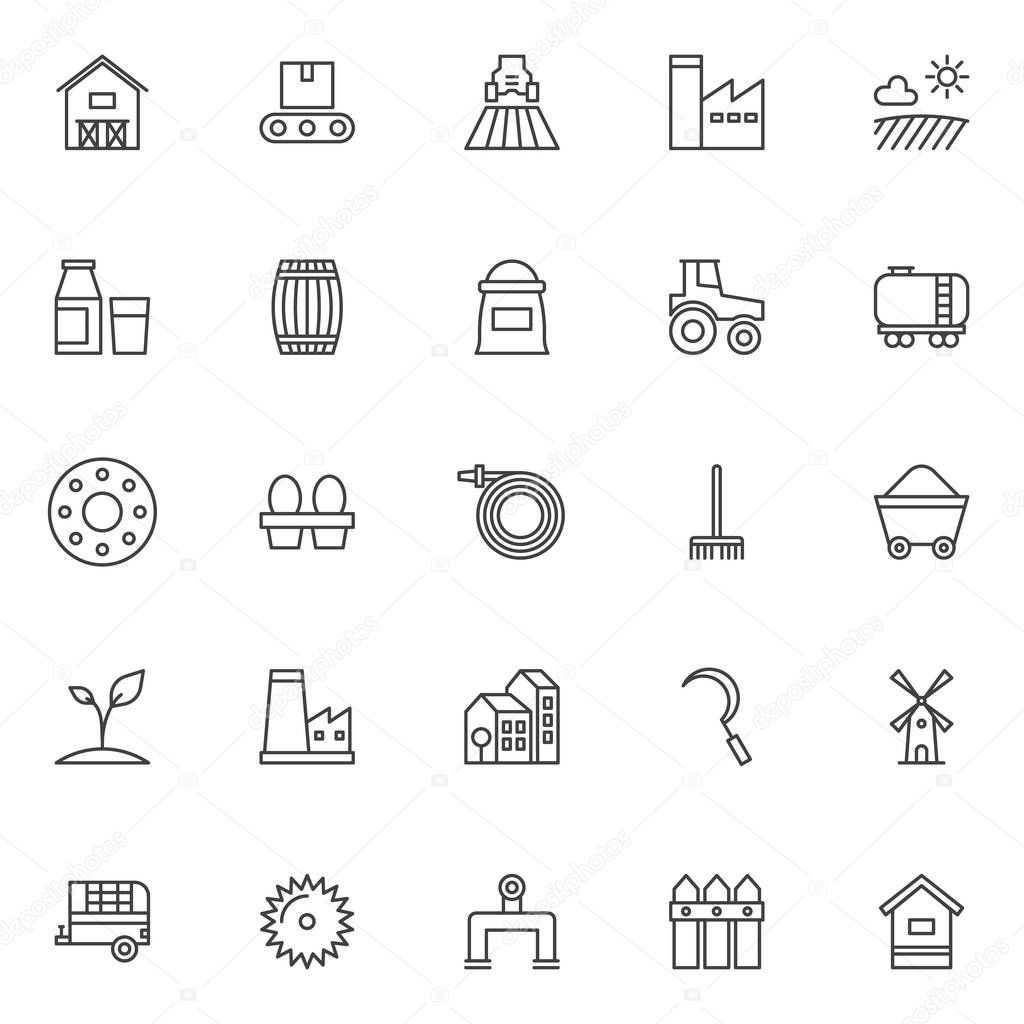 Farming outline icons set. linear style symbols collection, line signs pack. vector graphics. Set includes icons as barn house, conveyor, agricultural machinery, factory station, field with sun cloud