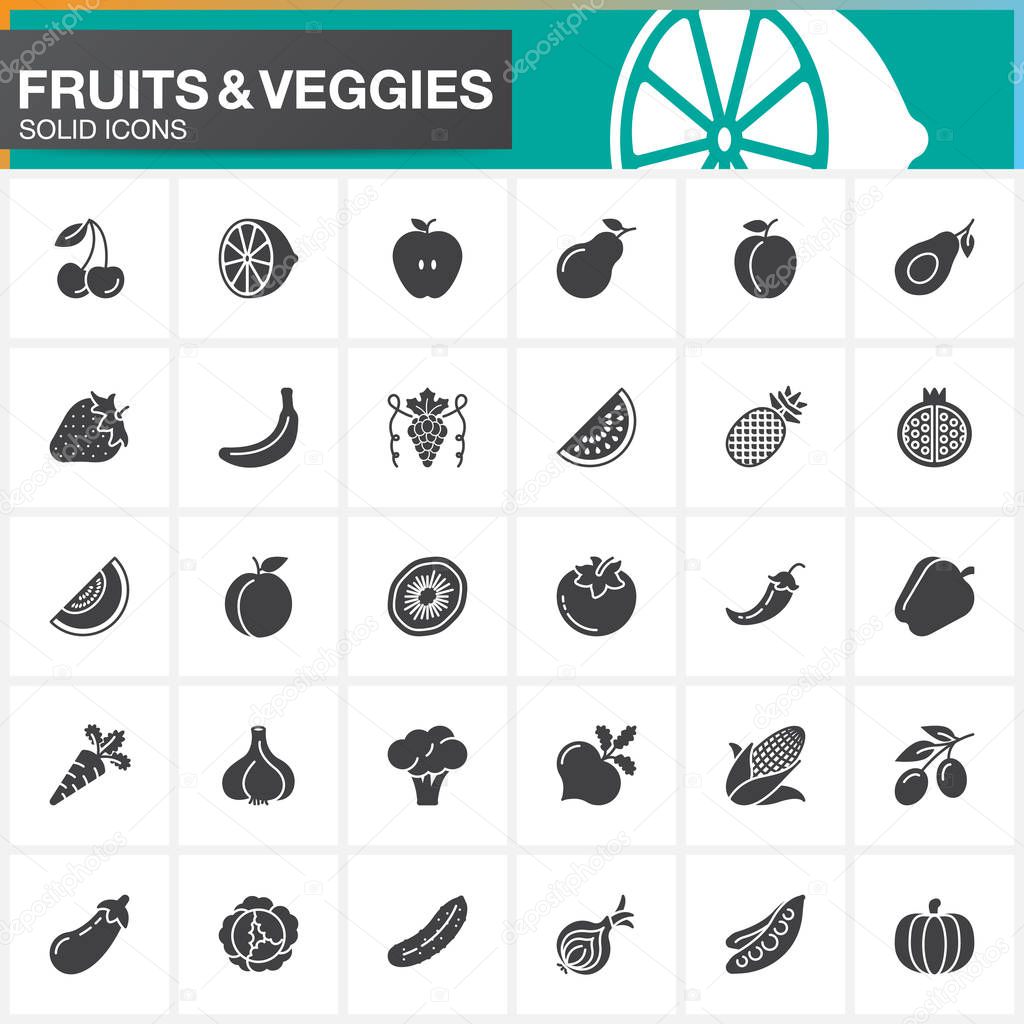 Fruits and vegetables vector icons set, modern solid symbol collection, filled pictogram pack isolated on white, logo illustration