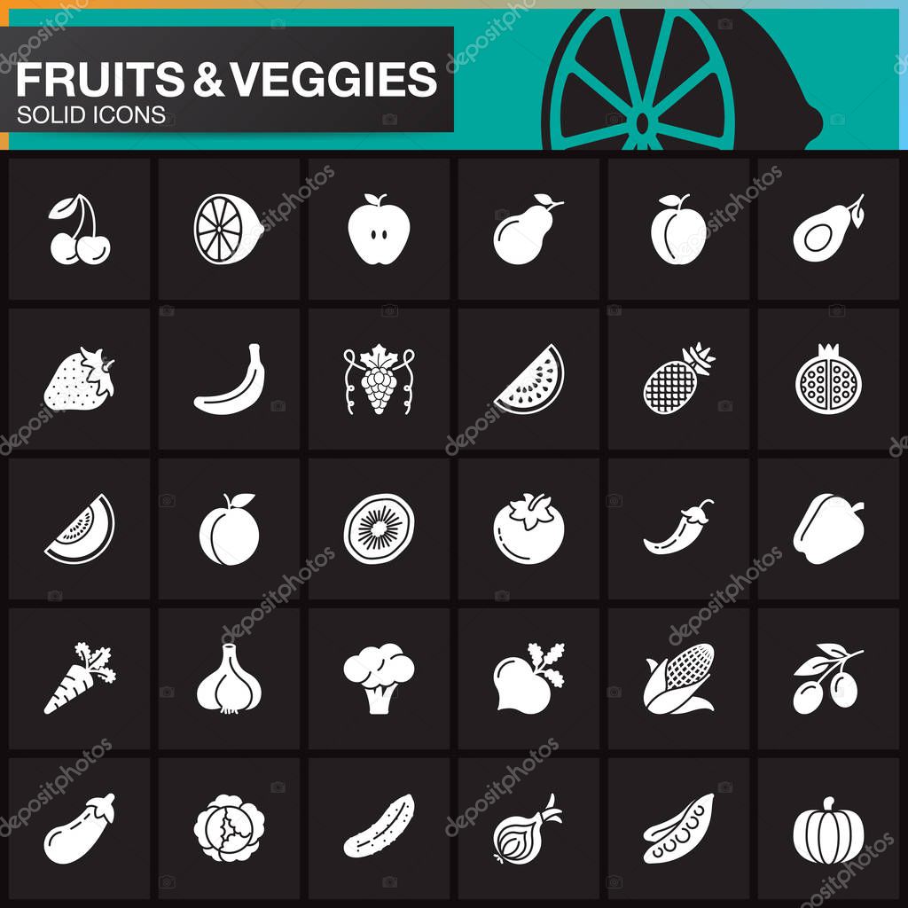 Fruits and vegetables vector icons set, modern solid symbol collection, filled pictogram pack isolated on black, logo illustration