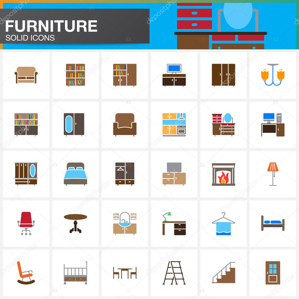 Furniture vector icons set, Home Interior modern solid symbol collection, pictogram pack isolated on black, colorful logo illustration