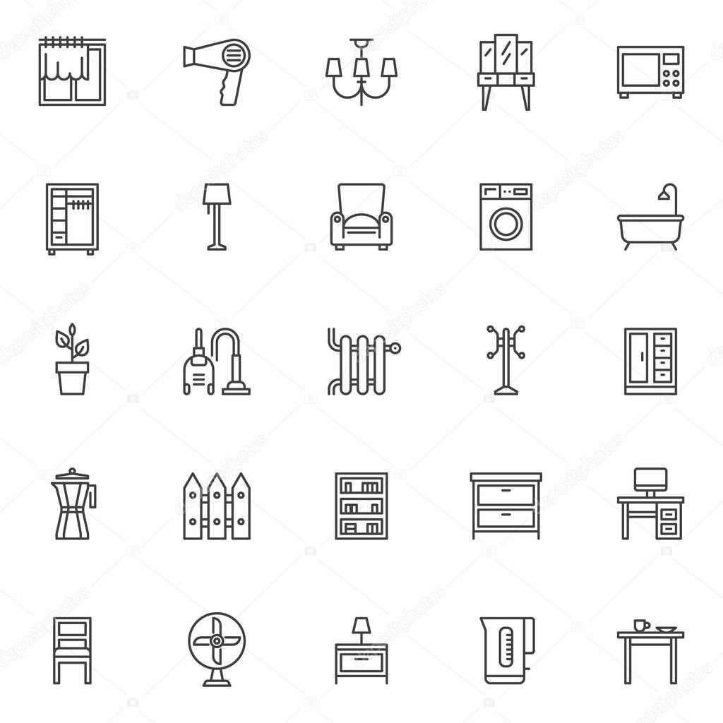 Home accessories outline icons set. linear style symbols collection, line signs pack. vector graphics. Set includes icons as window curtain, hair dryer, chandeliers lights, dressing table, microwave