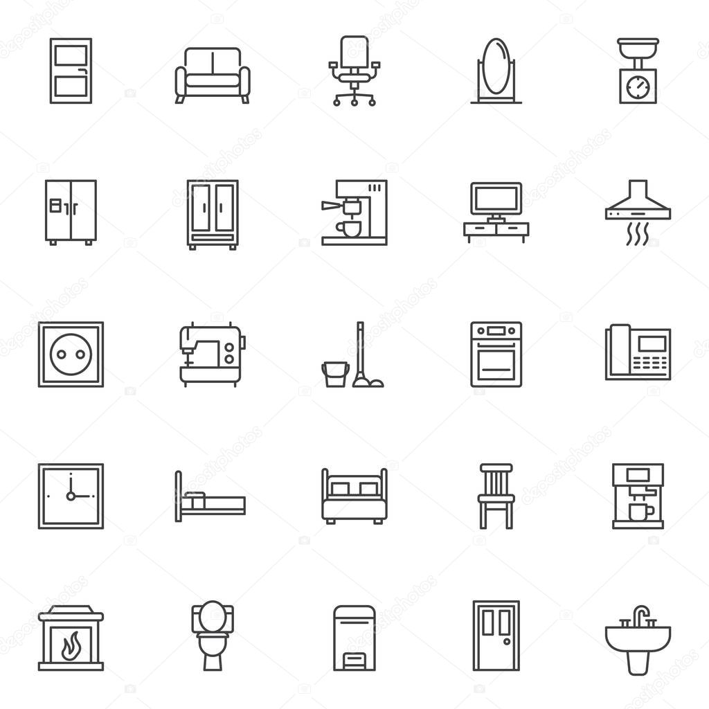Home furniture outline icons set. linear style symbols collection, line signs pack. vector graphics. Set includes icons as door, sofa household furniture, office chair, mirror, kitchen scales, fridge