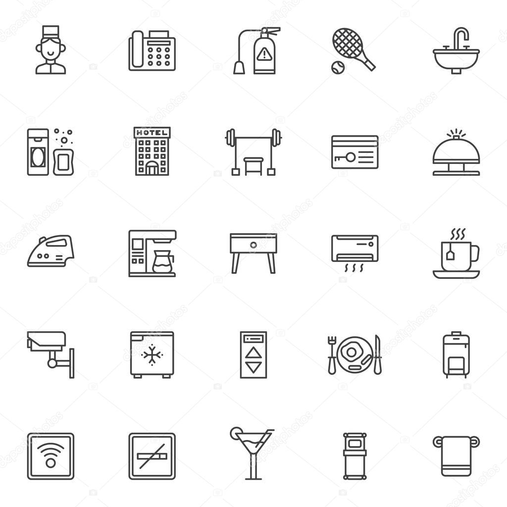 Hotel outline icons set. linear style symbols collection, line signs pack. vector graphics. Set includes icons as bell boy, fax machine, fire extinguisher, tennis racket and ball, hotel building