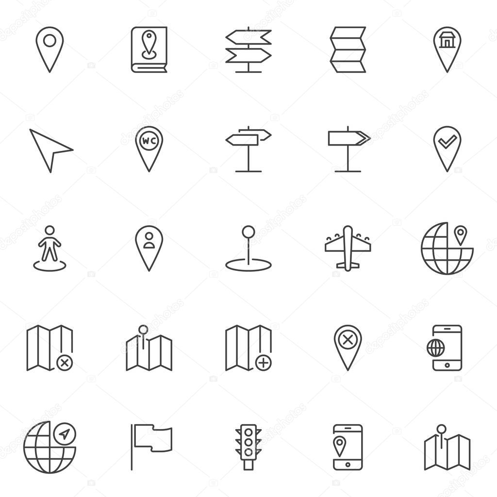 Location and navigation outline icons set. linear style symbols collection, line signs pack. vector graphics. Set includes icons as map pointer, book with pin location, signpost, pointer, navigator