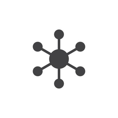 Simge vektör, hub ve bağlı bileşen düz işareti, üzerinde beyaz izole katı piktogram dolu. Merkezi veritabanı sembolü, logo illüstrasyon. Piksel mükemmel