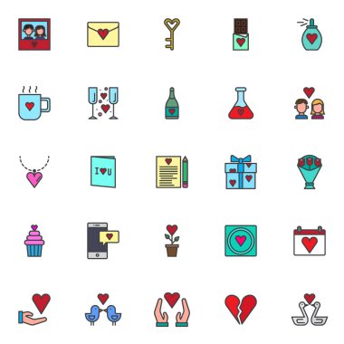 Sevgi dolu anahat Icons set, çizgi vektör simgesi toplama, doğrusal renkli piktogram paketi. İşaretler, logo illüstrasyon, Çift resim ile kalp, kalp aşk mektubu olarak simgeler içerir