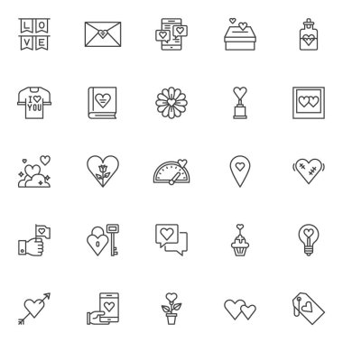 Sevgi ve Sevgililer günü anahat simgeleri ayarlayın. Doğrusal stil semboller koleksiyonu, hat paketi imzalar. vektör grafikleri. Parti aşk bayrakları, kalpleri bağış kutusu, aşk içki iksiri olarak simgeler içerir