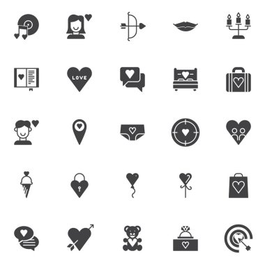 Aşk evrensel vektör simgeler kümesi, modern katı simgesi toplama, dolgulu tarz piktogram paketi. İşaretler, logo illüstrasyon. Disk ve kalp notları, öpücük dudaklar ile romantik müzik olarak simgeler içerir