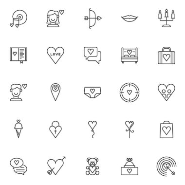 Evrensel anahat Icons set seviyorum. Doğrusal stil semboller koleksiyonu, hat paketi imzalar. vektör grafikleri. Notlar, disk ve kalp ile romantik müzik sevgi ve kalp, öpücük dudaklar kadın olarak simgeler içerir