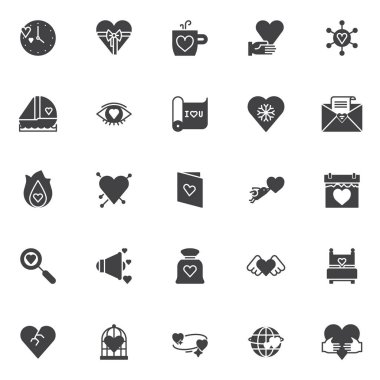 Aşk vektör simgeler kümesi, modern katı simgesi toplama, dolgulu tarz piktogram paketi. İşaretler, logo illüstrasyon. Saat olarak simgeleri ile sevgi kalpleri, Sevgililer günü hediyesi, sıcak içecek fincan içerir