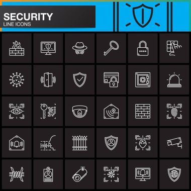 Güvenlik, koruma, erişim hattı simgeler ayarla, Anahat vektör simgesi toplama, doğrusal beyaz piktogram paketi. İşaretler, logo illüstrasyon. Oturum açma, kalkan, kilit, alarm, casus, virüs, kamera simgeler içerir