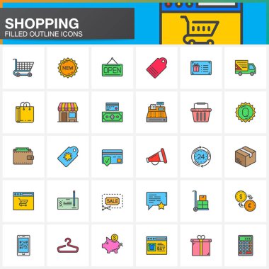 Online alışveriş satır simgeleri ayarla, Anahat vektör simgesi toplama, beyaz, logo illüstrasyon izole doğrusal renkli piktogram paketi dolu