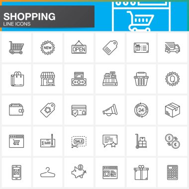 Online alışveriş satır Icons set, Anahat vektör simgesi toplama, beyaz, logo illüstrasyon izole doğrusal piktogram paketi