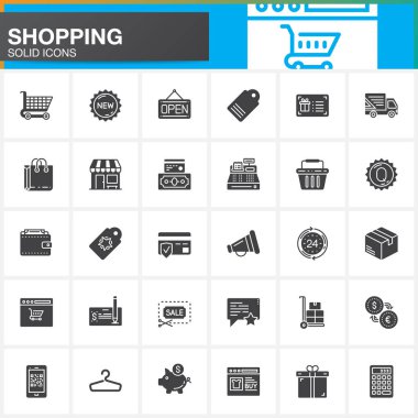 Online Alışveriş vektör simgeler kümesi, modern katı simgesi toplama, beyaz, logo illüstrasyon izole dolu piktogram paketi