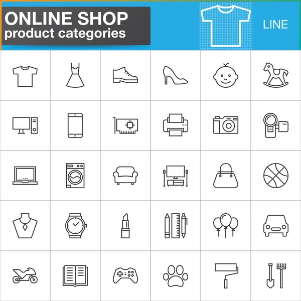 Online alışveriş ürün kategorileri satır Icons set, Anahat vektör simgesi toplama, doğrusal tarz piktogram paketi. İşaretler, logo illüstrasyon. Giysi, Ayakkabı, bilgisayar, elektronik olarak simgeler içerir