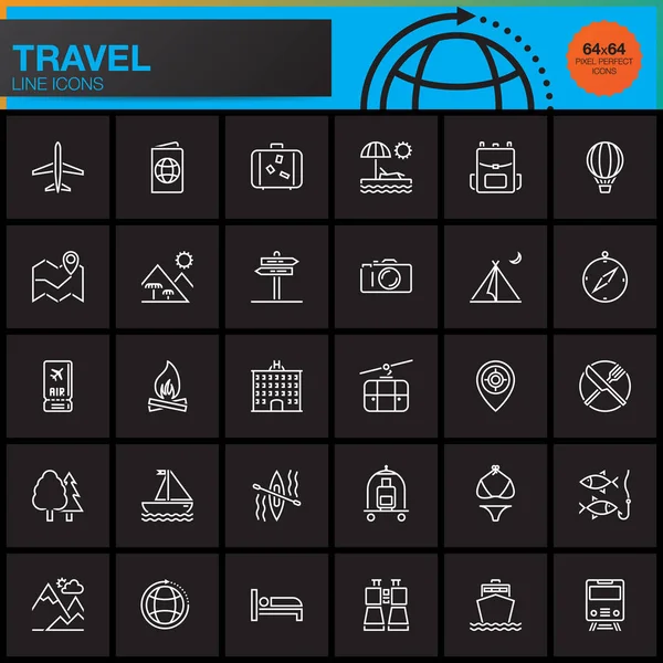 旅行と観光の線アイコン設定 ベクター シンボル コレクション ロゴの図に分離された線形絵文字パックの概要 — ストックベクタ