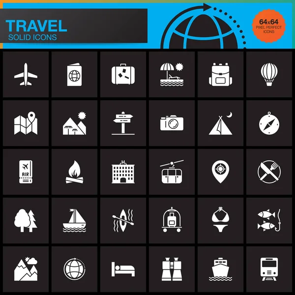 旅行和旅游矢量图标集 现代固体符号收集 象形文字包隔离在黑色 标志插图 — 图库矢量图片