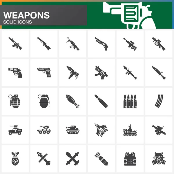 Waffen Vektor Icons Set Arme Solide Symbolsammlung Gefülltes Piktogramm Pack — Stockvektor