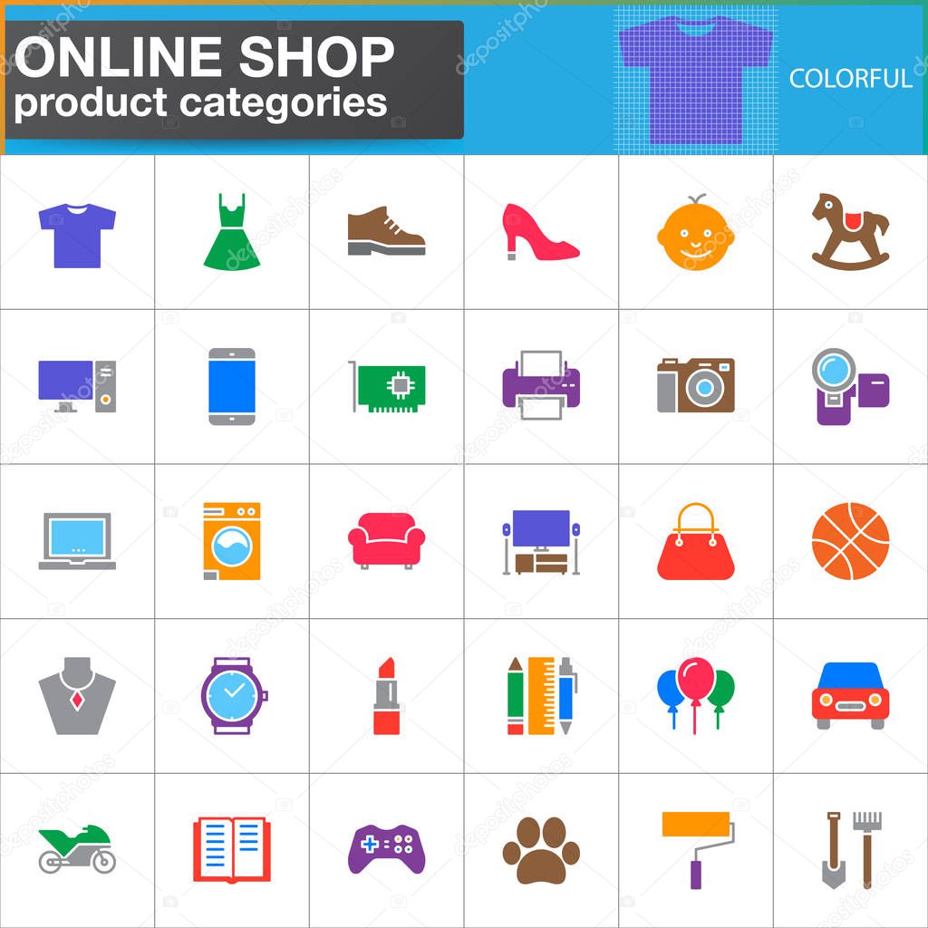 Online shop product categories vector icons set, modern solid symbol collection, filled colorful pictogram pack. Signs, logo illustration. Set includes icons as clothes, shoes, computer, electronics