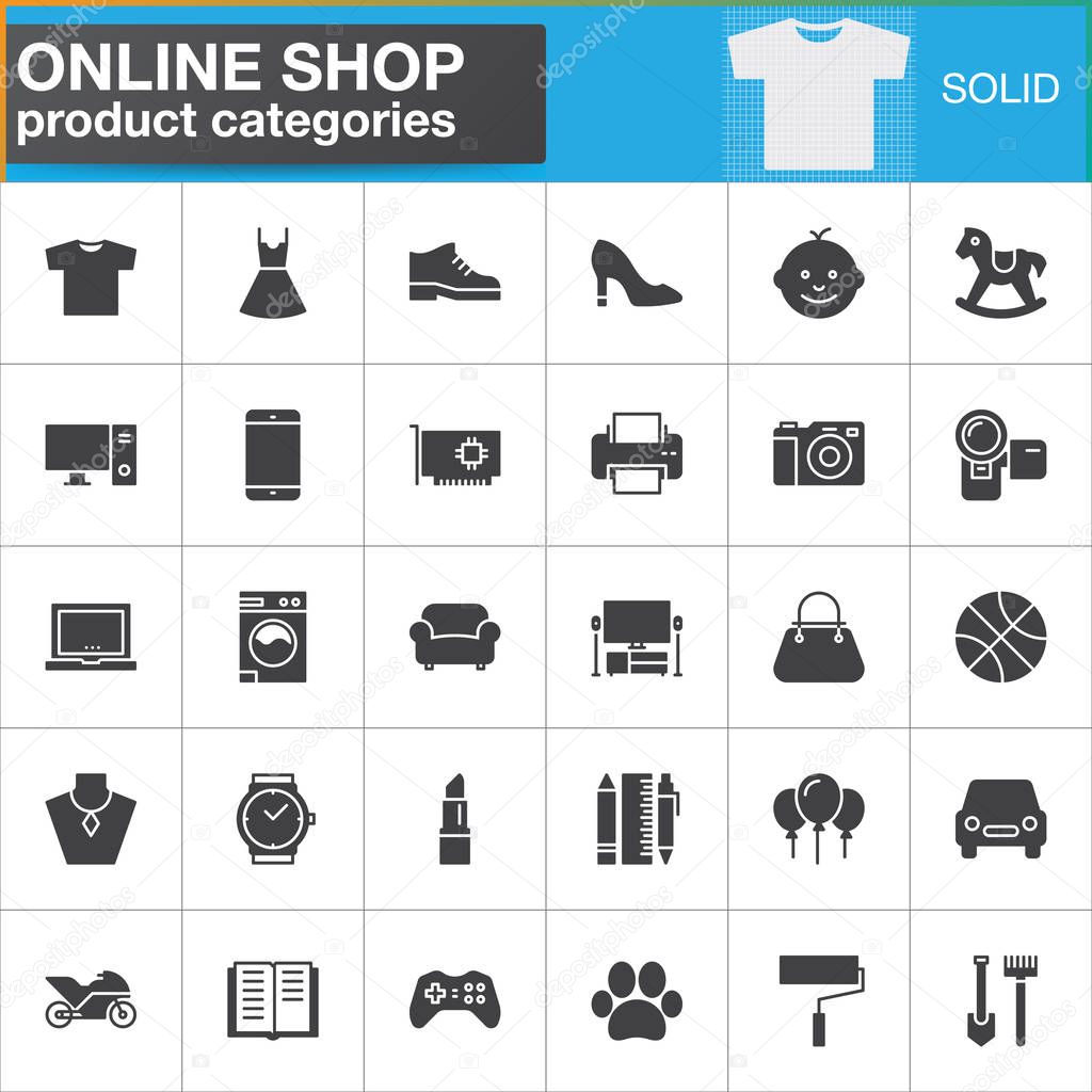 Online shopping product categories vector icons set, modern solid symbol collection, filled style pictogram pack. Signs, logo illustration. Set includes icons as clothes, shoes, computer, electronics
