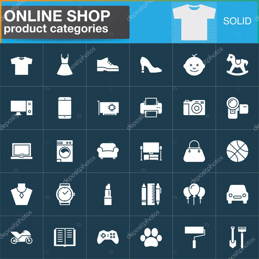 Online shopping product categories vector icons set, modern solid symbol collection, filled white pictogram pack. Signs, logo illustration. Set includes icons as clothes, shoes, computer, electronics