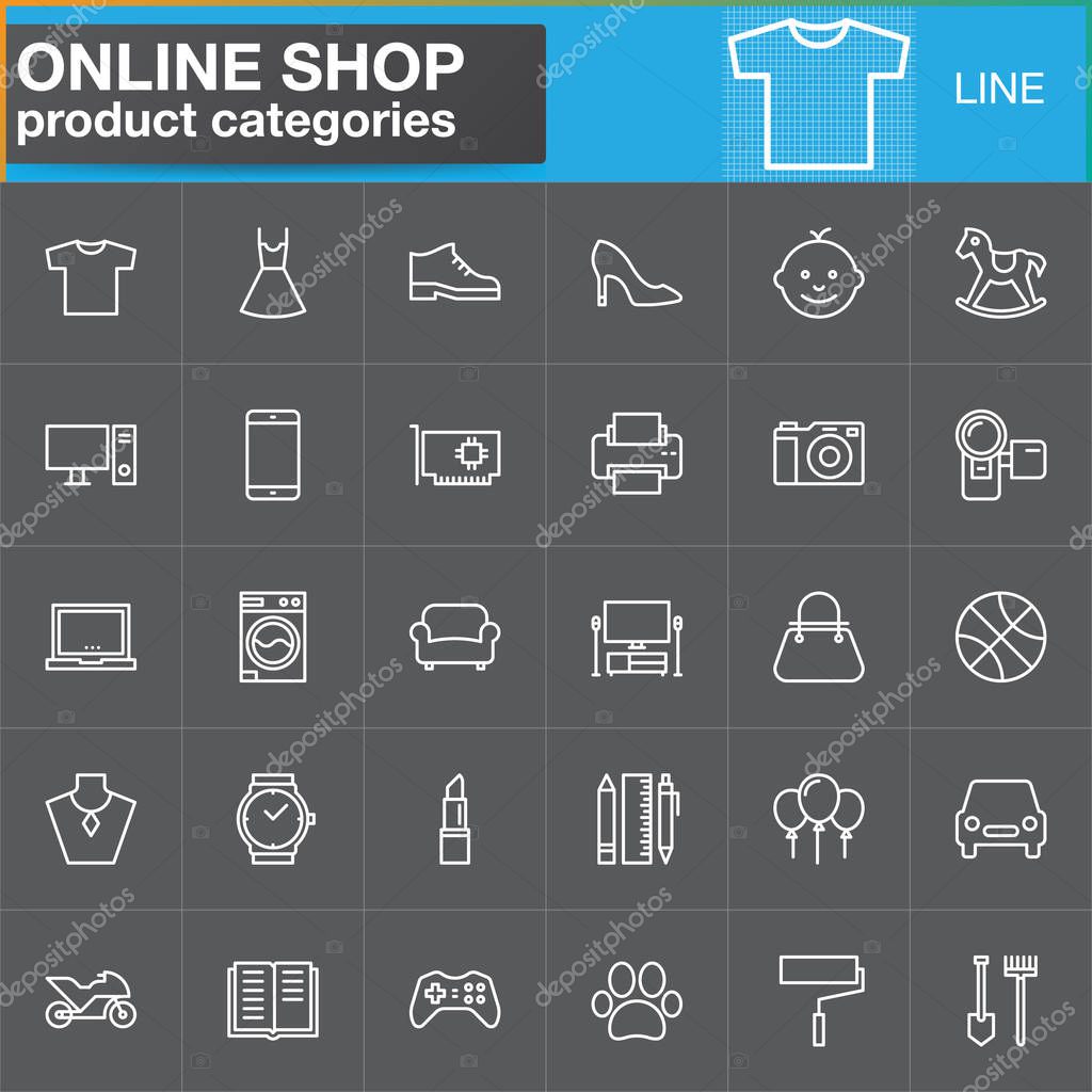 Online shopping product categories line icons set, outline vector symbol collection, linear white pictogram pack. Signs, logo illustration. Set includes icons as clothes, shoes, computer, electronics
