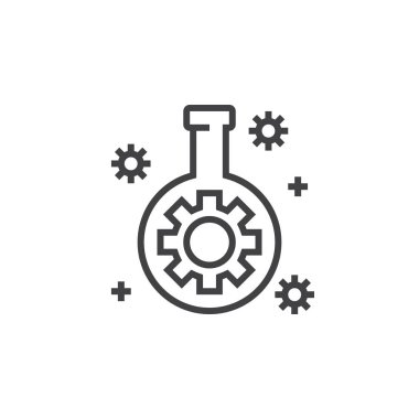 Teknoloji laboratuvar şişesi Dişli satırı simgesi ile Anahat vektör işareti, doğrusal piktogram beyaz izole. Logo illüstrasyon