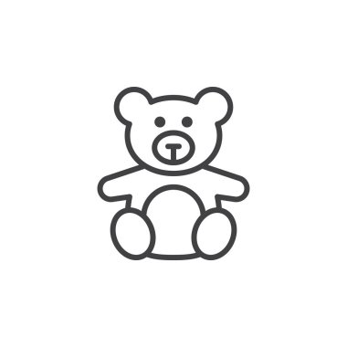 Yumuşak oyuncak, oyuncak ayı simgesi satır, Anahat vektör işareti, doğrusal piktogram beyaz izole. Logo illüstrasyon