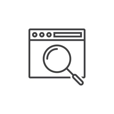 Çevrimiçi arama sembolü. Büyüteç Camı satırı simgesi ile örümcek ağı kaş, Anahat vektör işareti, doğrusal piktogram beyaz izole. Logo illüstrasyon