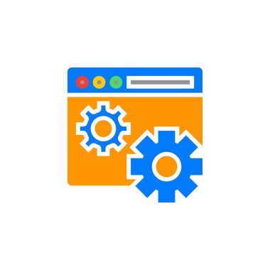 Web sitesi ayarları simgesi. Web tarayıcı ve vites simge vektör, dolu düz işareti, beyaz, logo illüstrasyon izole katı renkli sembol