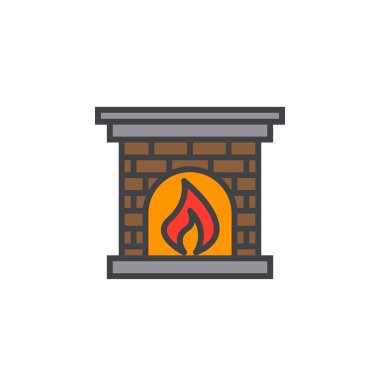 Ocak, şömine satırı simgesi, Anahat vektör işareti, üzerinde beyaz izole doğrusal renkli sembol dolu. Logo illüstrasyon