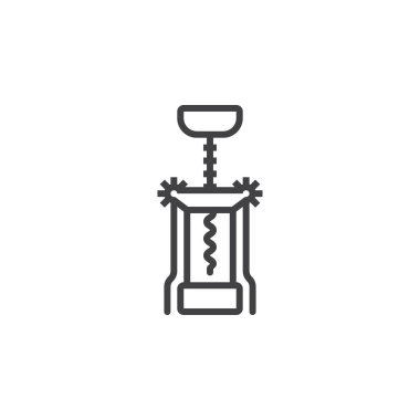 Tirbuşon satırı simgesi, şişe açacağı Anahat vektör işareti, doğrusal piktogram beyaz izole. Logo illüstrasyon