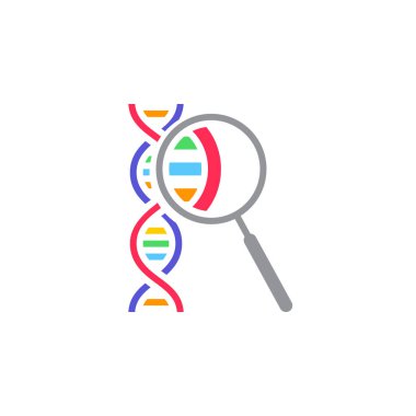DNA araştırma sembolü. molekül ve büyüteç simgesini vektör, katı logo illüstrasyon, renkli sembol üzerinde beyaz izole